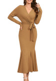 Summer Women long-sleeved waisted v-neck Solid evening dress