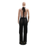 Women Halter Neck lace-up sleeveless Backless Top and sexy tassel trousers