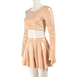 Women Autumn Long Sleeve Round Neck pu-Leather Top and Pleated Skirt Two-piece