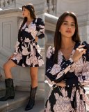 Autumn v-neck tie ruffle puff sleeve print dress