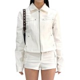 Women Riveted Turndown Collar Zipper Cargo Jacket