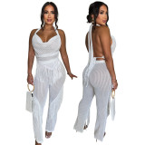 Women Halter Neck lace-up sleeveless Backless Top and sexy tassel trousers