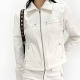 Women Riveted Turndown Collar Zipper Cargo Jacket