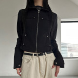 Women Riveted Turndown Collar Zipper Cargo Jacket