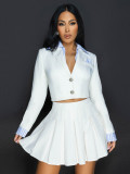 Women Casual Turndown Collar Fake Two-piece Top and Pleated Skirt Two-piece Set