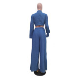 Women Casual Top and wide-leg pants Denim two-piece set