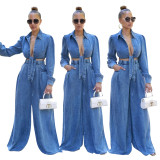 Women Casual Top and wide-leg pants Denim two-piece set