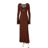 Women autumn U-neck long-sleeved Maxi dress