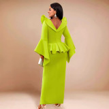 Women Ruffle Formal Party Bell Bottom Sleeve Dress