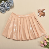 Women Autumn Long Sleeve Round Neck pu-Leather Top and Pleated Skirt Two-piece