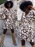 Autumn v-neck tie ruffle puff sleeve print dress