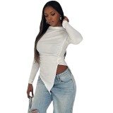 Women Round Neck Solid long-sleeved pleated irregular T-shirt