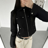 Women Riveted Turndown Collar Zipper Cargo Jacket