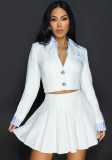 Women Casual Turndown Collar Fake Two-piece Top and Pleated Skirt Two-piece Set