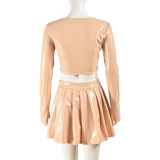 Women Autumn Long Sleeve Round Neck pu-Leather Top and Pleated Skirt Two-piece