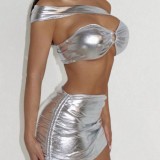 Sexy Silver Strapless Two Pieces Swimsuit Skirt Three-Piece Set