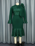 Bell Bottom Sleeve Fishtail Formal Party Sequin Dress