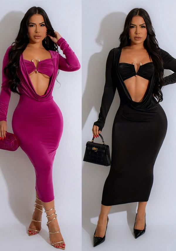 Sexy Deep V Neck Long Sleeve Slim Midi Dress