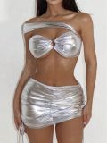 Sexy Silver Strapless Two Pieces Swimsuit Skirt Three-Piece Set