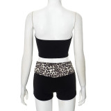 Women's Summer Leopard Print Strapless Top Low Waist Shorts Two Piece Set