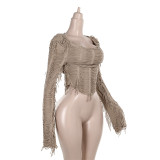 Autumn Casual Slim Texture Tassel Hooded Long-Sleeved Top