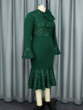 Bell Bottom Sleeve Fishtail Formal Party Sequin Dress