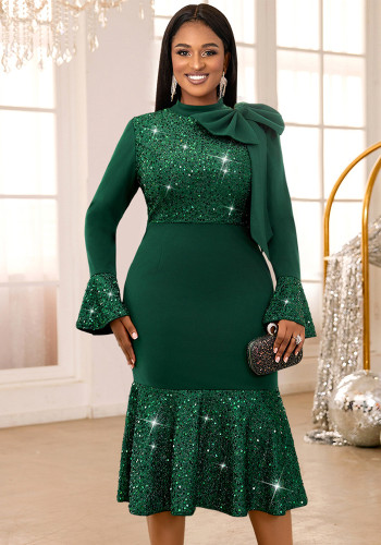 Bell Bottom Sleeve Fishtail Formal Party Sequin Dress