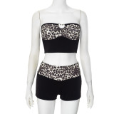 Women's Summer Leopard Print Strapless Top Low Waist Shorts Two Piece Set