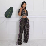 Sexy Camouflage Crop Top High Waist Tassel Pocket Wide Leg Pants Two Piece Set