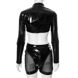 Women's Pu Leather Sexy Zipper Long Sleeve Crop Top Hollow Shorts Two Piece Set