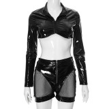 Women's Pu Leather Sexy Zipper Long Sleeve Crop Top Hollow Shorts Two Piece Set