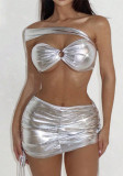 Sexy Silver Strapless Two Pieces Swimsuit Skirt Three-Piece Set