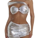 Sexy Silver Strapless Two Pieces Swimsuit Skirt Three-Piece Set