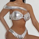 Sexy Silver Strapless Two Pieces Swimsuit Skirt Three-Piece Set