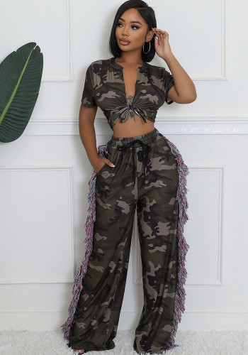 Sexy Camouflage Crop Top High Waist Tassel Pocket Wide Leg Pants Two Piece Set