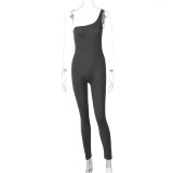 Women's Summer Solid Color One Shoulder Slim Fit Yoga Jumpsuit