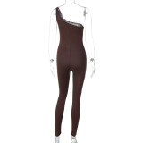 Women's Summer Solid Color One Shoulder Slim Fit Yoga Jumpsuit