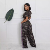 Sexy Camouflage Crop Top High Waist Tassel Pocket Wide Leg Pants Two Piece Set