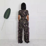 Sexy Camouflage Crop Top High Waist Tassel Pocket Wide Leg Pants Two Piece Set