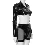 Women's Pu Leather Sexy Zipper Long Sleeve Crop Top Hollow Shorts Two Piece Set