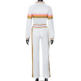 Casual Stripe Zipper Long Sleeve Top Drawstring Pants Sports Two Piece Pants Set