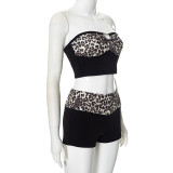 Women's Summer Leopard Print Strapless Top Low Waist Shorts Two Piece Set