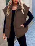 Women Solid Zipper Pocket Stand Collar Padding Vest