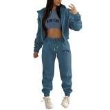 Women Plus Velvet Letter Printed Hoodies and Pant Sports Casual Three-Piece Set