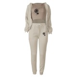 Women Plus Velvet Letter Printed Hoodies and Pant Sports Casual Three-Piece Set