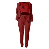 Women Plus Velvet Letter Printed Hoodies and Pant Sports Casual Three-Piece Set