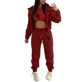 Women Plus Velvet Letter Printed Hoodies and Pant Sports Casual Three-Piece Set