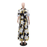 Women Printed Turndown Collar V Neck Patchwork Long Dress