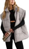 Women Solid Zipper Pocket Stand Collar Padding Vest