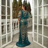 Plus Size Women Short Sleeve V Neck Formal Party Sexy Sequin Maxi Evening Dress